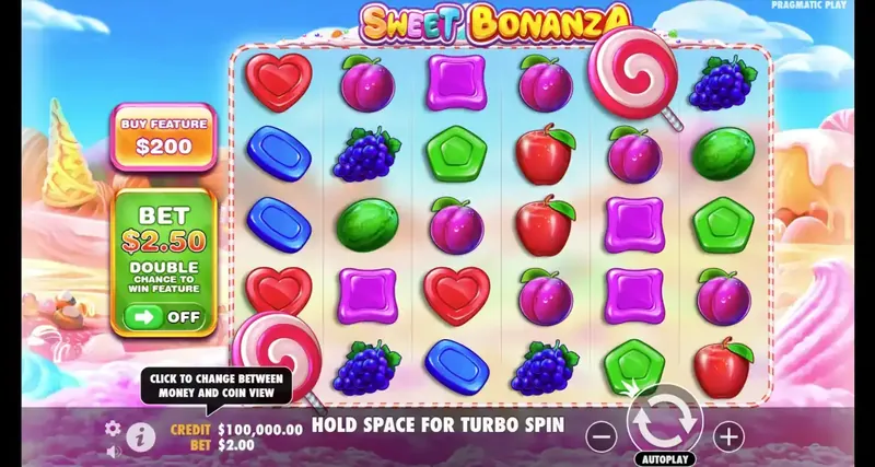 Sweet Bonanza slot gameplay by Pragmatic Play showing colorful candy theme with fruit symbols, hearts, lollipops and buy feature option