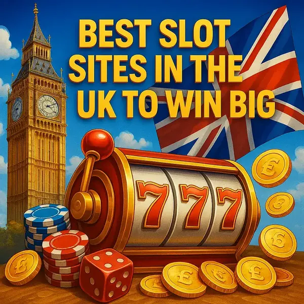 Best slot sites in the UK promotional banner featuring Big Ben, British flag, classic slot machine showing 777, poker chips, dice and pound sterling coins