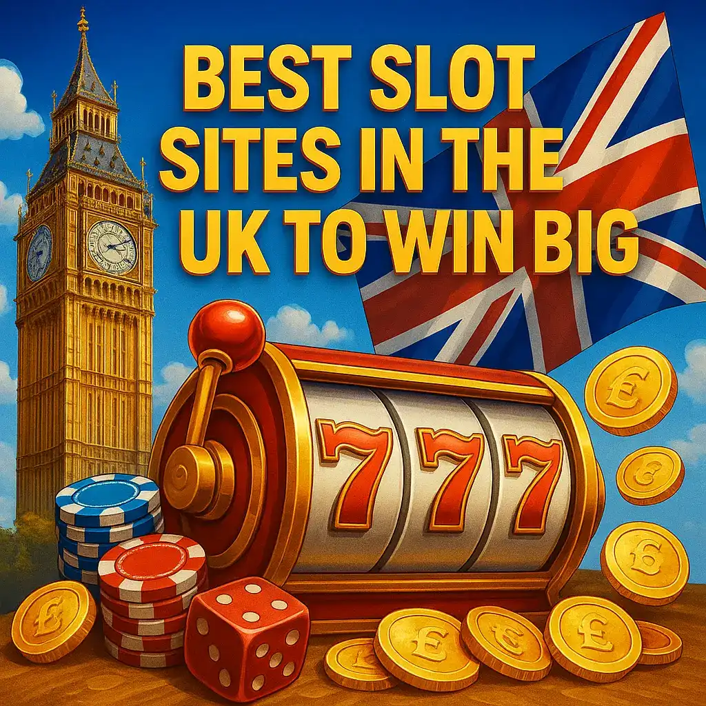 Best slot sites in the UK promotional banner featuring Big Ben, British flag, classic slot machine showing 777, poker chips, dice and pound sterling coins