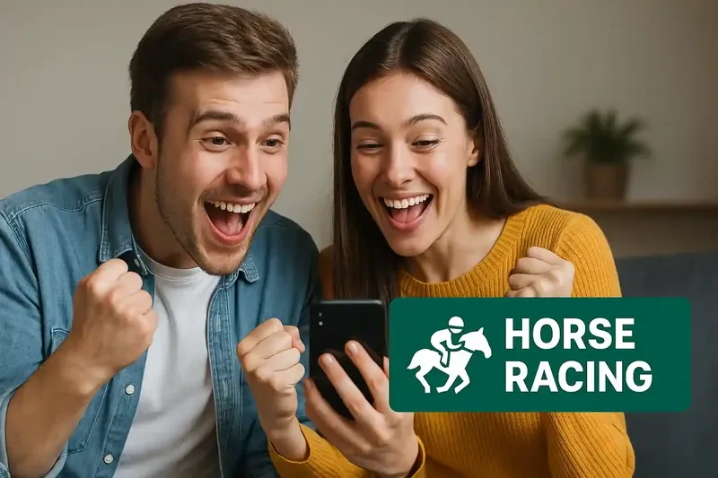 Thrilled young couple celebrating while watching horse racing on mobile phone with green horse racing icon overlay
