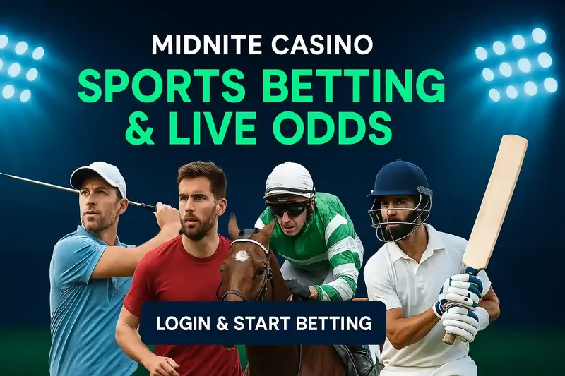 Midnite Casino sports betting featuring diverse athletes from golf, football, horse racing and cricket with login button for live odds