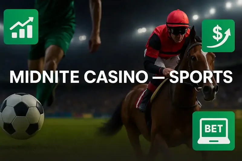 Jockey in red silks racing on horseback with football and betting icons promoting Midnite Casino sports betting platform