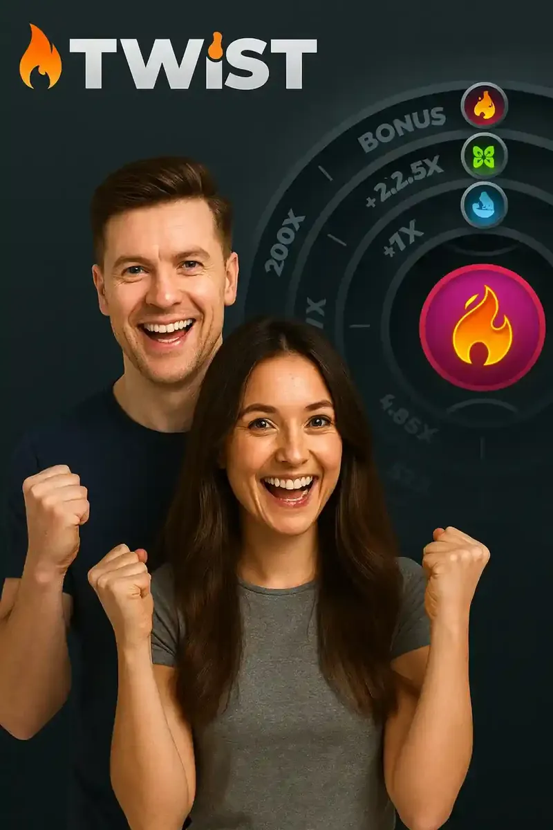 Thrilled young couple celebrating with raised fists next to Twist game multiplier wheel showing bonus segments at Midnite Casino