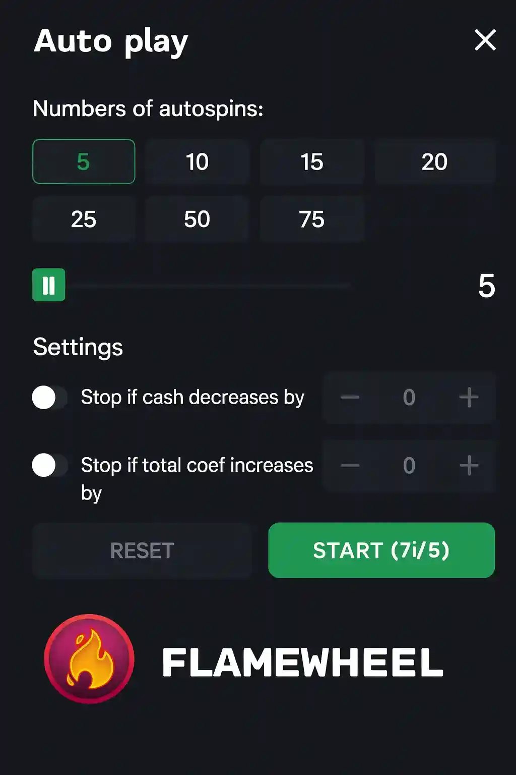 Flamewheel Auto Play Settings - Customize Your Gaming Experience Flamewheel autoplay settings screen showing autospin options, stop conditions and start button with flame logo for Midnite Casino