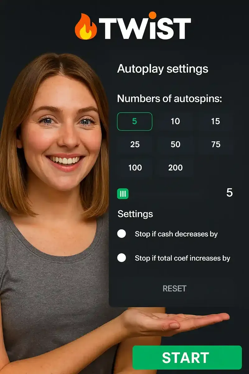 Happy woman displaying Twist game autoplay settings interface with autospin options and start button for Midnite Casino players