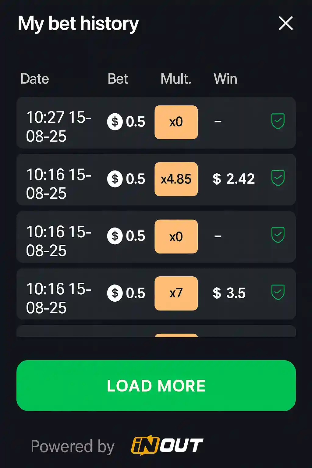 Twist Game Bet History - Track Your Wins at Midnite Casino Betting history screen showing multiplier results and winnings from Twist game sessions with load more option and TNOUT branding