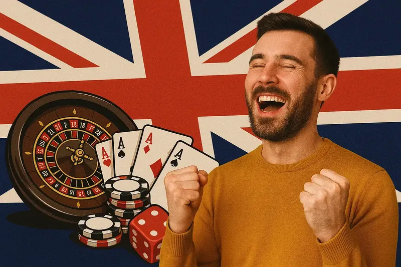 Happy bearded man in yellow sweater celebrating casino win with clenched fists against British Union Jack flag, featuring roulette wheel, four aces and poker chips